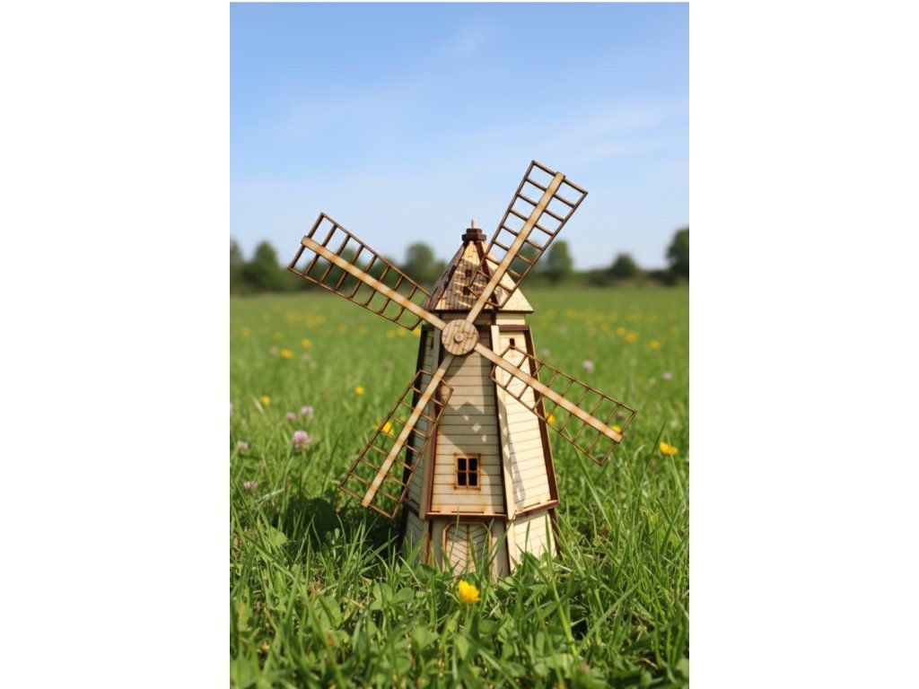 Dřevěný větrný mlýn na louce